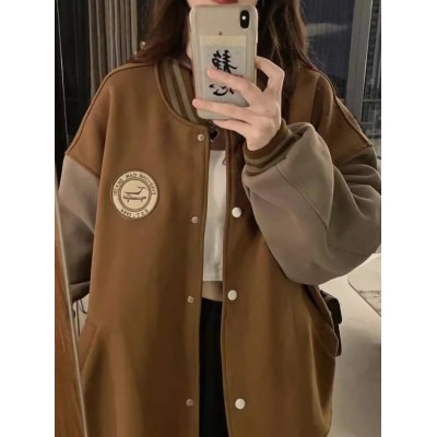 跨境慵懒风棒球服外套女秋冬加绒加厚复古宽松休闲开衫卫衣ins潮图4