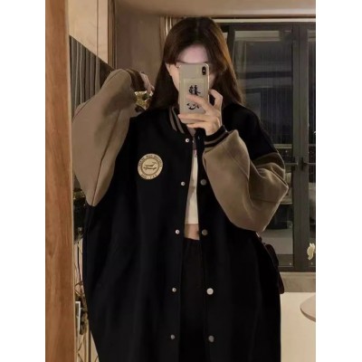 跨境慵懒风棒球服外套女秋冬加绒加厚复古宽松休闲开衫卫衣ins潮图2