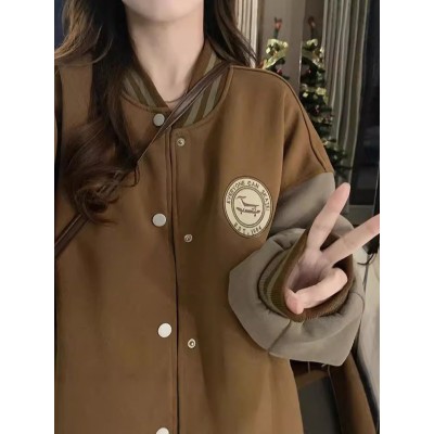 跨境慵懒风棒球服外套女秋冬加绒加厚复古宽松休闲开衫卫衣ins潮图3