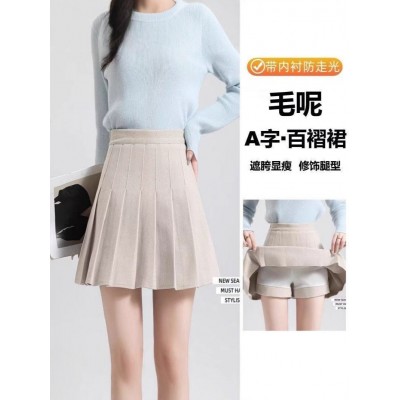 2025秋冬新款毛呢百褶裙a字半身裙高腰短裙显瘦图2