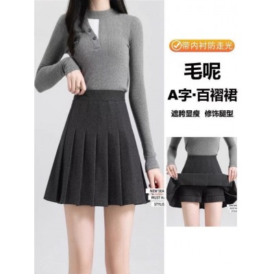 2025秋冬新款毛呢百褶裙a字半身裙高腰短裙显瘦