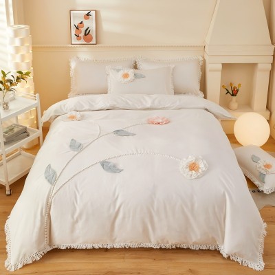 跨境亚马逊盘花花卉流苏花边被套家纺床上用品三件套外贸批发工厂 30套