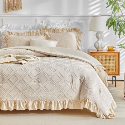 跨境被子套件米白色荷叶边菱形簇绒剪花胖被化纤被绗缝被子三件套 10床图5