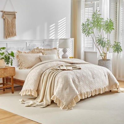 跨境被子套件米白色荷叶边菱形簇绒剪花胖被化纤被绗缝被子三件套 10床图3