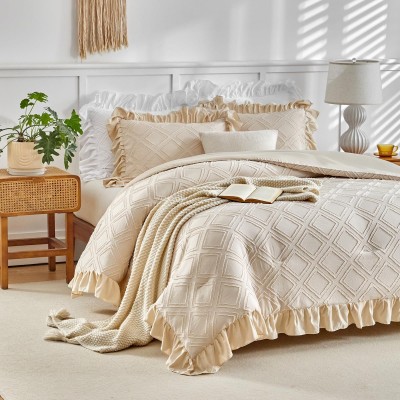 跨境被子套件米白色荷叶边菱形簇绒剪花胖被化纤被绗缝被子三件套 10床图4