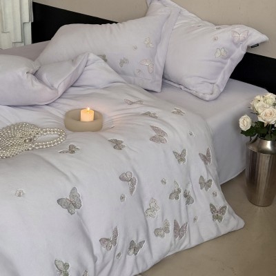 法式田园小清新蝴蝶刺绣高克重全消光牛奶绒保暖床品少女心四件套 1套图4