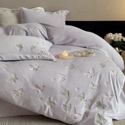 法式田园小清新蝴蝶刺绣高克重全消光牛奶绒保暖床品少女心四件套 1套图5