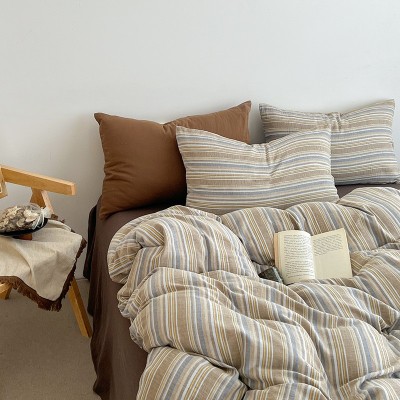 简约风条纹水洗棉四件套学生床单被套高级感纯棉三件套被罩床笠款 1套图2