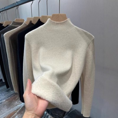 冬季加绒加厚针织打底衫女一体绒半高领套头毛衣保暖内搭上衣纯色图2