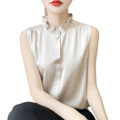 立领木耳边仿真丝背心女内搭春夏新款花边领薄款丝绸缎面无袖衬衫图5