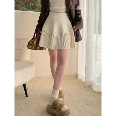 显瘦百褶针织半身裙女秋冬新款流行小个子高腰百搭A字短裙大裙摆图2