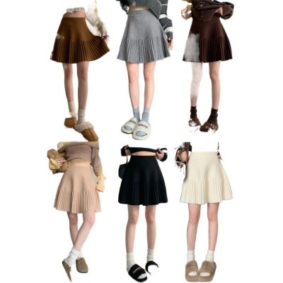 显瘦百褶针织半身裙女秋冬新款流行小个子高腰百搭A字短裙大裙摆图5