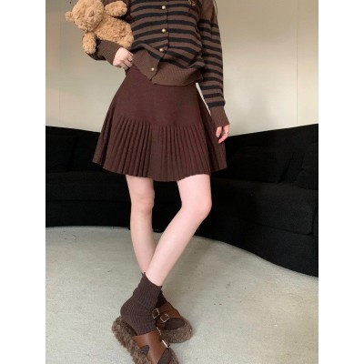 显瘦百褶针织半身裙女秋冬新款流行小个子高腰百搭A字短裙大裙摆图4