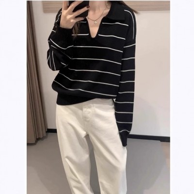 复古条纹Polo领羊毛针织衫上衣女秋冬高级感宽松慵懒打底翻领毛衣图2