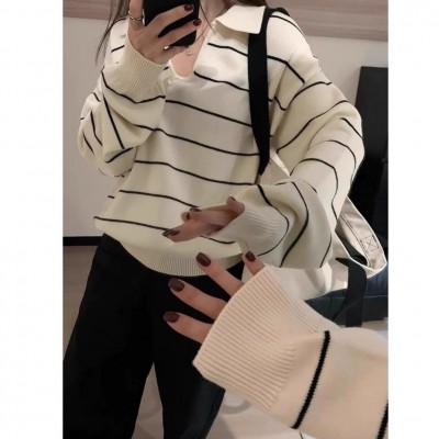 复古条纹Polo领羊毛针织衫上衣女秋冬高级感宽松慵懒打底翻领毛衣图3