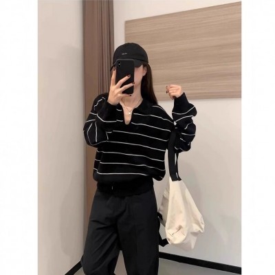 复古条纹Polo领羊毛针织衫上衣女秋冬高级感宽松慵懒打底翻领毛衣图4