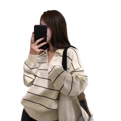复古条纹Polo领羊毛针织衫上衣女秋冬高级感宽松慵懒打底翻领毛衣图5