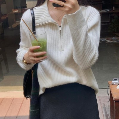 拉链内搭宽松针织衫女2024秋冬新款设计感小众打底洋气长袖上衣图3