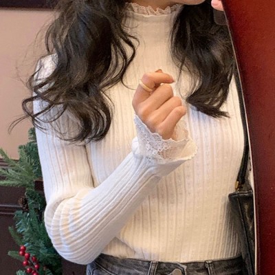 法式拼接蕾丝内搭针织衫女秋冬新款修身显瘦半高领毛衣打底衫上衣图2