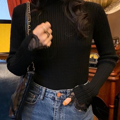 法式拼接蕾丝内搭针织衫女秋冬新款修身显瘦半高领毛衣打底衫上衣图4