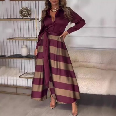 2024欧美跨境外贸亚马逊秋季女式长款优雅系带印花拼接连衣裙长裙