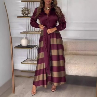 2024欧美跨境外贸亚马逊秋季女式长款优雅系带印花拼接连衣裙长裙图2