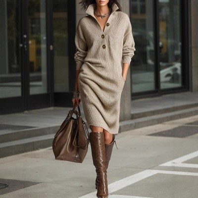 2025独立站欧美新款秋季休闲纽扣翻领宽松款直筒针织中长毛衣裙图3