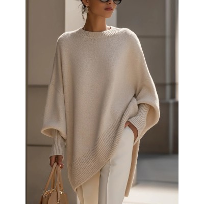 欧美跨境2025秋冬圆领套头针织衫女亚马逊宽松慵懒风纯色女式毛衣图3