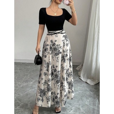 2025跨境外贸 女式连衣裙夏季新款设计感外穿纯色显瘦法式碎花长