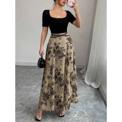 2025跨境外贸 女式连衣裙夏季新款设计感外穿纯色显瘦法式碎花长图4