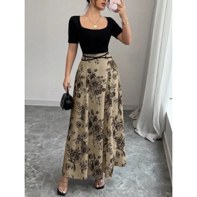 2025跨境外贸 女式连衣裙夏季新款设计感外穿纯色显瘦法式碎花长图2