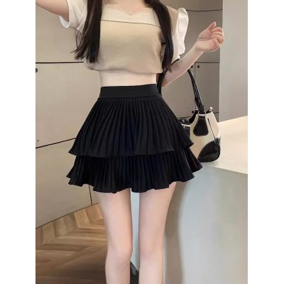 双层蛋糕百褶半身裙女夏季高腰显瘦粉色短裙a字荷叶边蓬蓬伞裙子图2