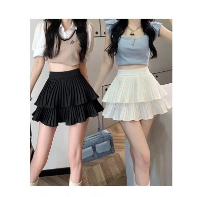 双层蛋糕百褶半身裙女夏季高腰显瘦粉色短裙a字荷叶边蓬蓬伞裙子图3