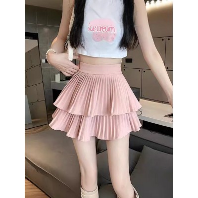 双层蛋糕百褶半身裙女夏季高腰显瘦粉色短裙a字荷叶边蓬蓬伞裙子图4