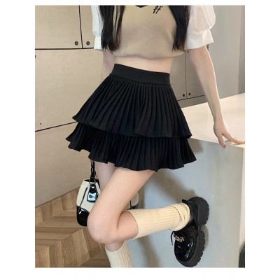 双层蛋糕百褶半身裙女夏季高腰显瘦粉色短裙a字荷叶边蓬蓬伞裙子图5