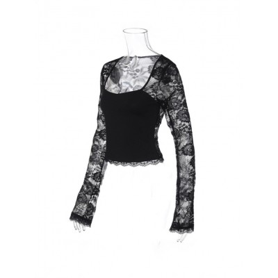 欧美跨境夏季新品时尚性感蕾丝镂空拼接长袖上衣性感辣妹女T桖图5
