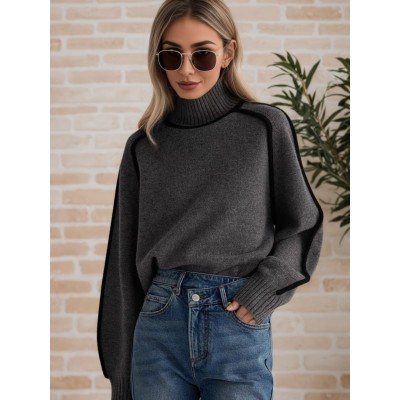 跨境外贸女装毛衣时尚半高领连肩袖上衣气质线条螺纹打底针织衫女图3