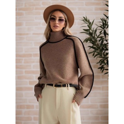 跨境外贸女装毛衣时尚半高领连肩袖上衣气质线条螺纹打底针织衫女