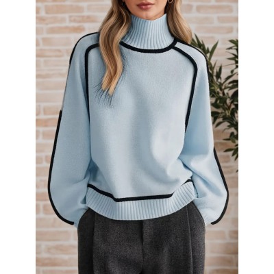 跨境外贸女装毛衣时尚半高领连肩袖上衣气质线条螺纹打底针织衫女图5