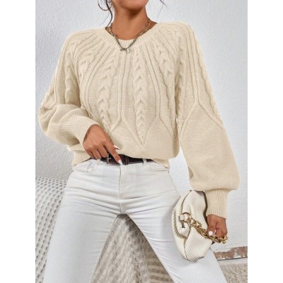 亚马逊套头圆领针织毛衣跨境外贸长袖麻花纯色秋冬百搭针织上衣女图5