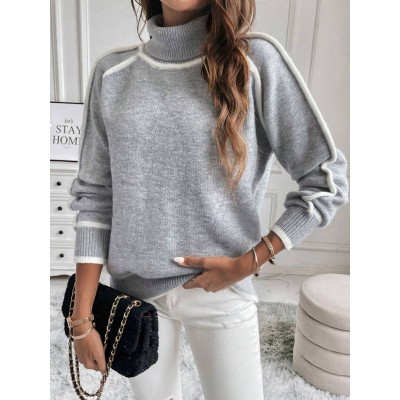 亚马逊跨境秋冬针织衫女装套头长袖高领上衣纯色宽松休闲百搭毛衣