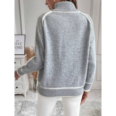 亚马逊跨境秋冬针织衫女装套头长袖高领上衣纯色宽松休闲百搭毛衣图4