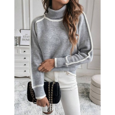 亚马逊跨境秋冬针织衫女装套头长袖高领上衣纯色宽松休闲百搭毛衣图5