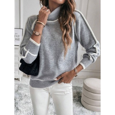 亚马逊跨境秋冬针织衫女装套头长袖高领上衣纯色宽松休闲百搭毛衣图2