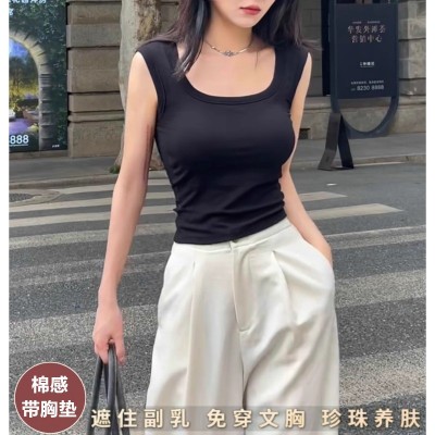 8814背心内搭无袖上衣夏季显穿薄款带胸垫吊带背心一体吊带美背女