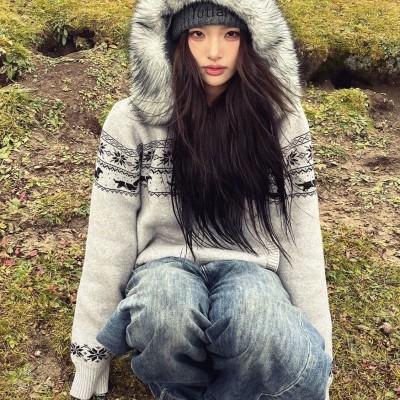 费尔岛毛衣开衫慵懒感女秋季毛领连帽针织衫软糯外套宽松上衣图4