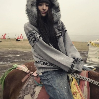 费尔岛毛衣开衫慵懒感女秋季毛领连帽针织衫软糯外套宽松上衣图5