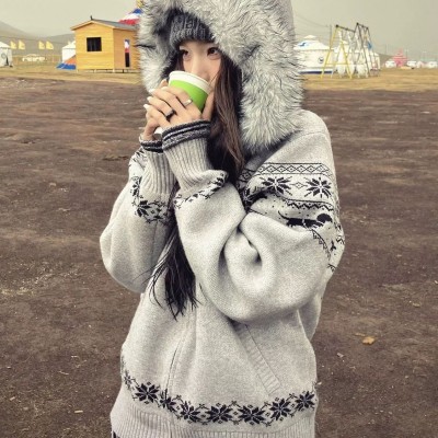 费尔岛毛衣开衫慵懒感女秋季毛领连帽针织衫软糯外套宽松上衣图2