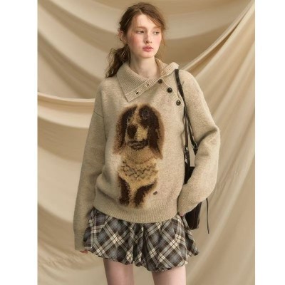 【绵羊绒】洋气针织衫刺绣小狗毛衣气质内搭羊毛打底衫加厚秋冬季