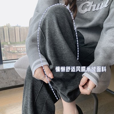 新款窄版阔腿裤女垂坠感长裤秋冬加绒宽松慵懒直筒糯米裤高腰显瘦图5